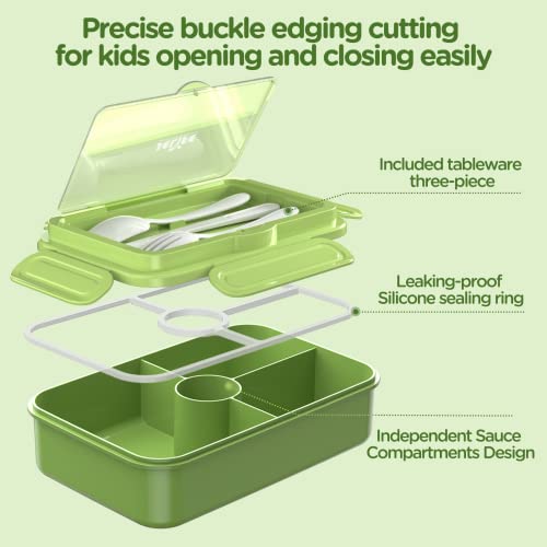Jelife Leakproof Bento Box for Kids - Large 4-Compartment Lunch Container with Silicone Rings, Green