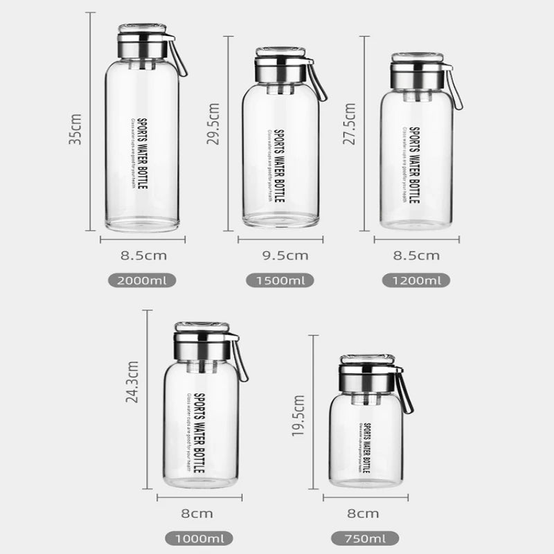2L Glass Water Bottle with Tea Infuser, Leakproof & Portable for Outdoor Activities