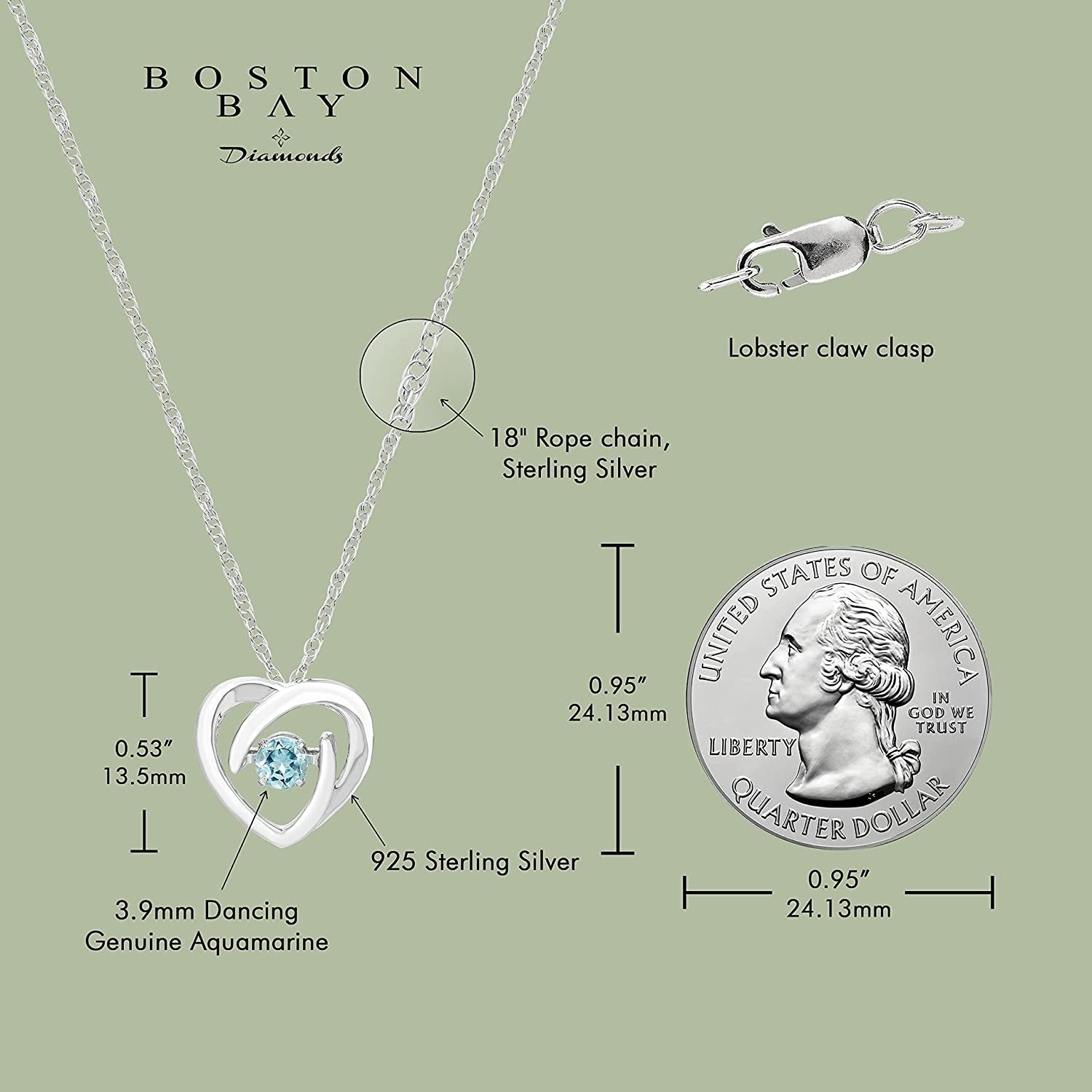 Glimmering Aquamarine Gemstone Heart Pendant in Sterling Silver