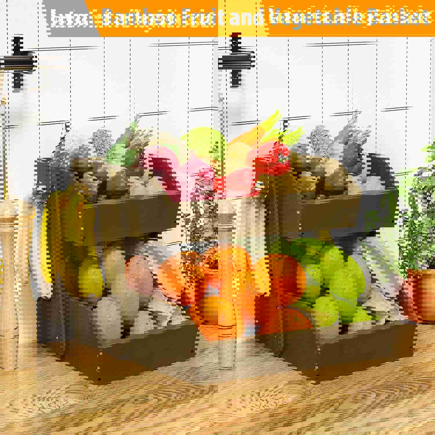 Elegant 2-Tier Bamboo Fruit Basket with Banana Hangers