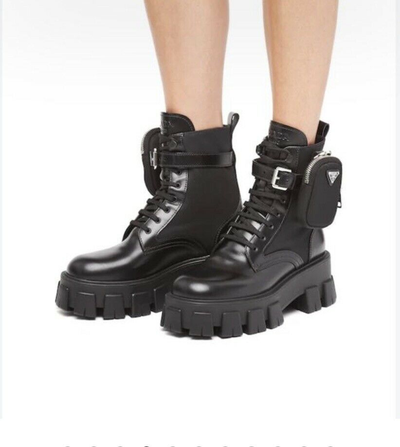 New Prada 2020 Brushed Rois Leather Nylon Monolith Boots Size 29