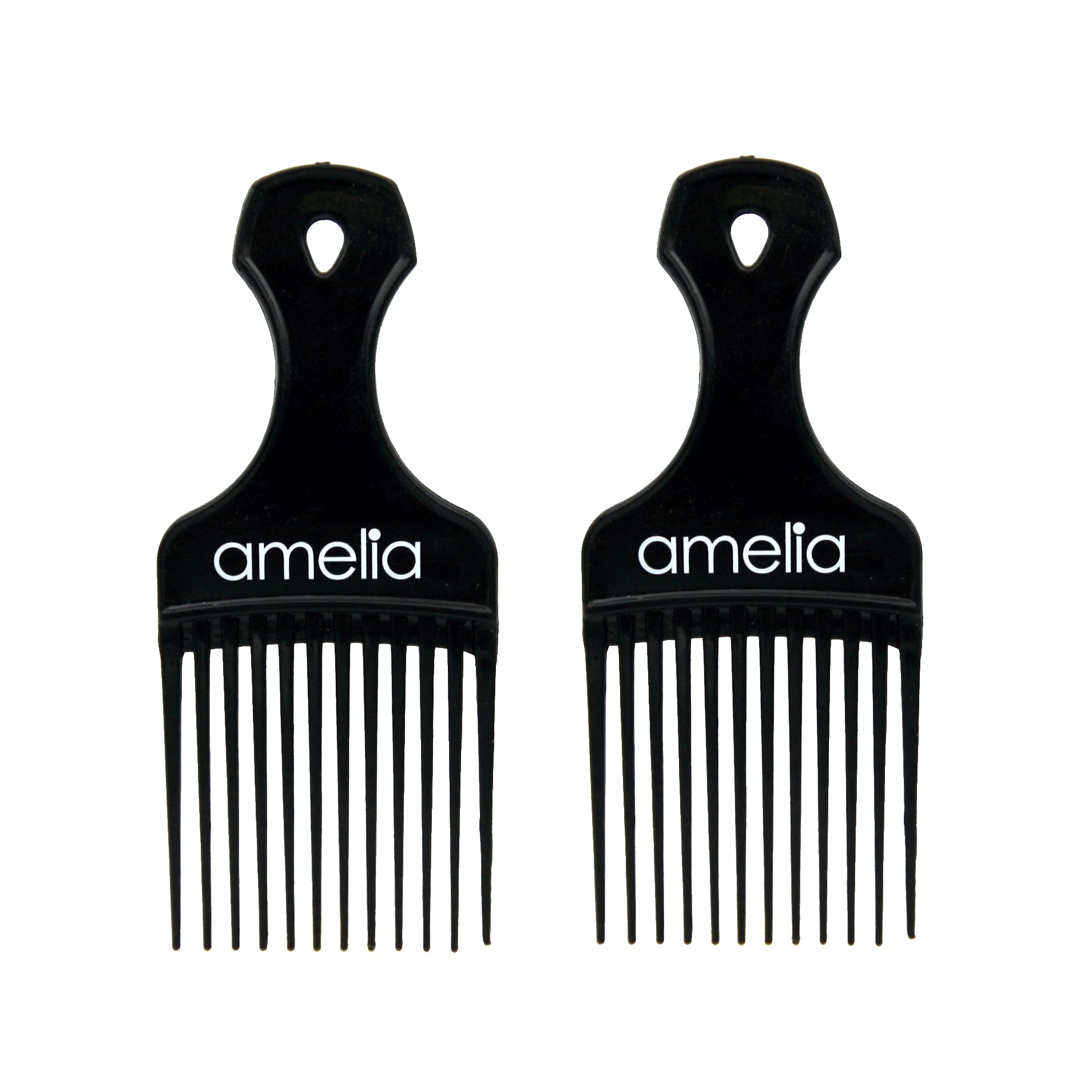 Amelia Beauty 7" Black Wide Tooth Pick Comb, 2-Pack, USA Made, Professional Hair Styling Tool