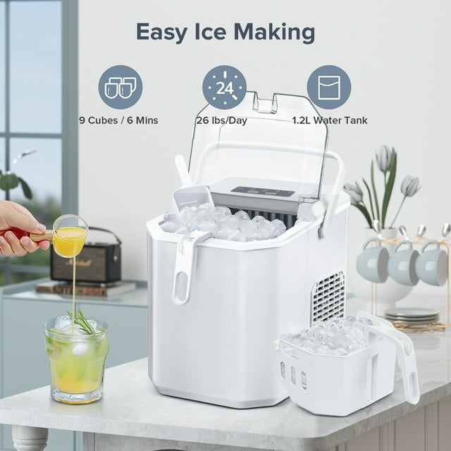 Auseo Portable Ice Maker, Manual Bullet Ice Cubes, 26lbs/Day for Home/Office