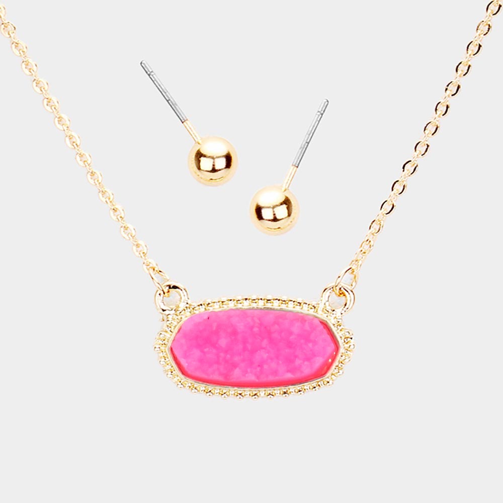 Glittering Druzy Hexagon Pendant Necklace