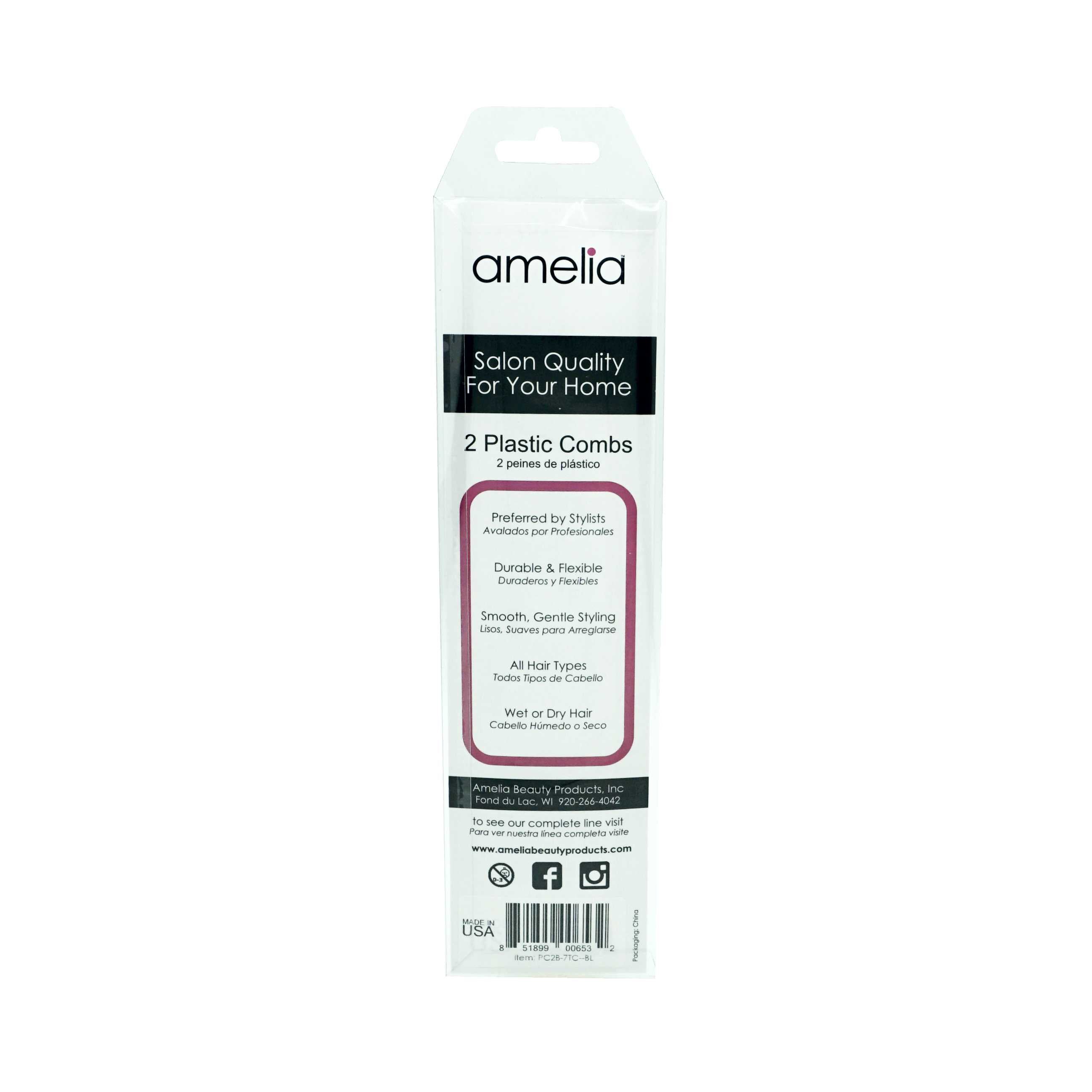 Amelia Beauty 7" Black Plastic Styling Tease Comb, 2-Pack with Inch Marks