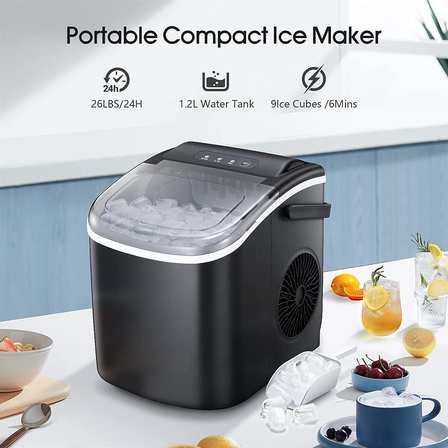 Portable Ice Maker Machine, 26 lbs/24H, 9 Cubes in 8 Mins