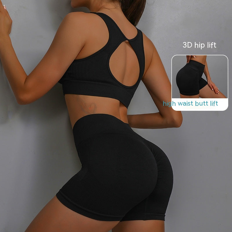 2pcs Women's Breathable Yoga Shorts and Hollow Out Back Sports Bra Set