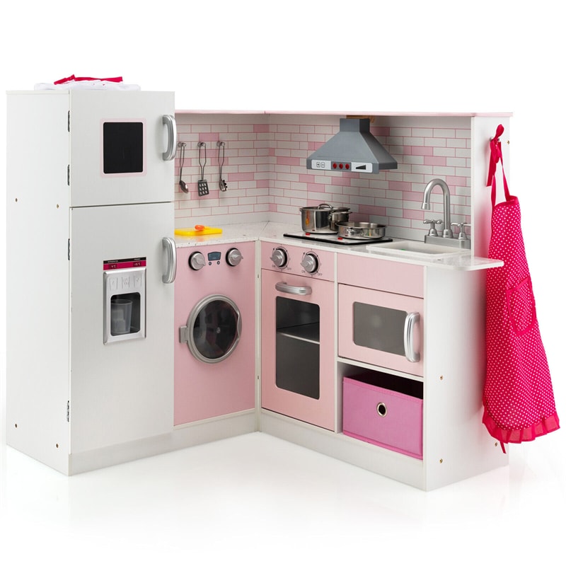 Wooden Corner Kitchen Playset for Kids with Chef Hat, Apron, and Pretend Play Accessories