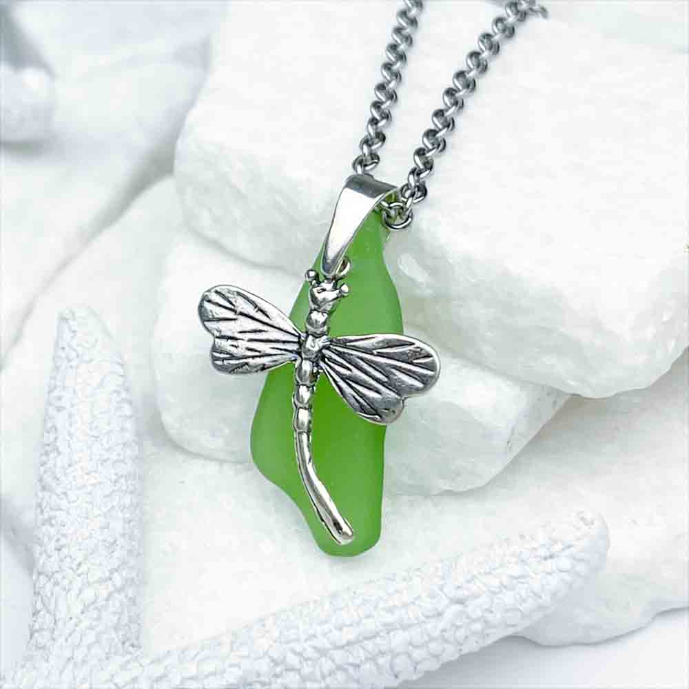 Elegant Kelly Green Sea Glass Pendant with Sterling Silver Dragonfly