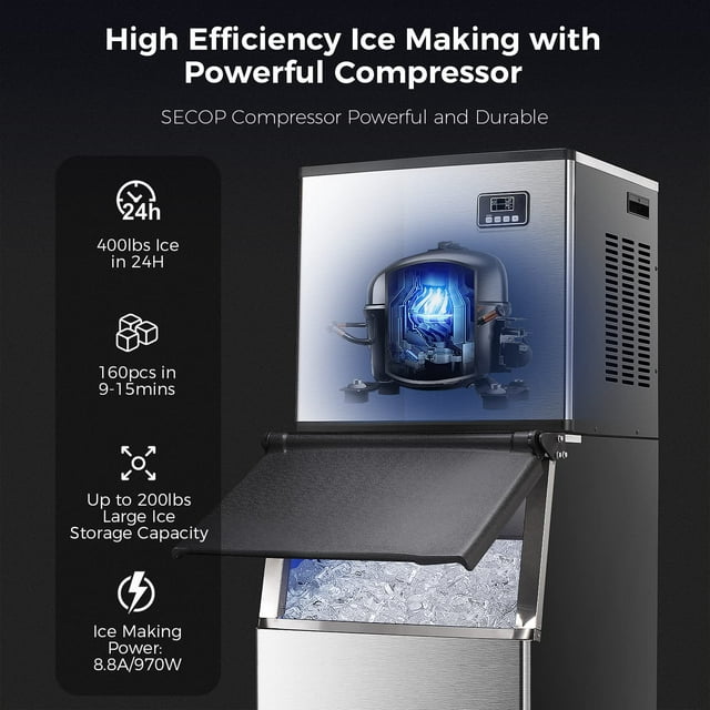 Auseo High-Capacity Ice Maker, 360 LBS/24H, 200LBS Storage, Fast Ice Production