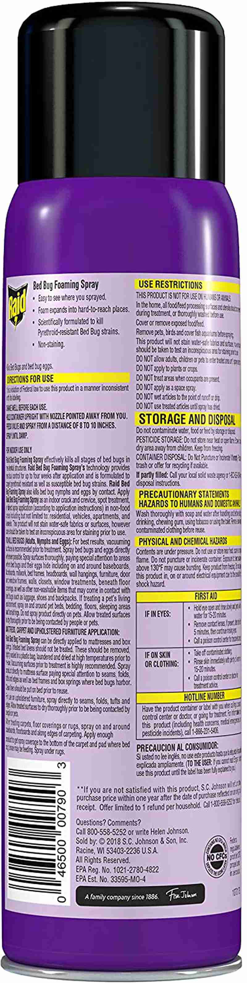 Raid Bed Bug Foaming Spray, Indoor Use, Non-Staining, 16.5 Oz