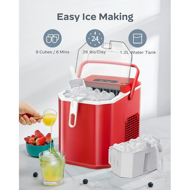 Auseo Portable Ice Maker, Manual Bullet Ice Cubes, 26lbs/Day, Red