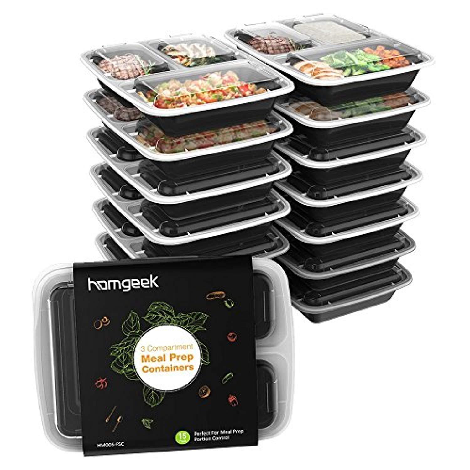 Homgeek 15-Pack Reusable Meal Prep Containers, 3-Compartment BPA-Free Bento Lunch Boxes with Airtight Lids for Portion Control