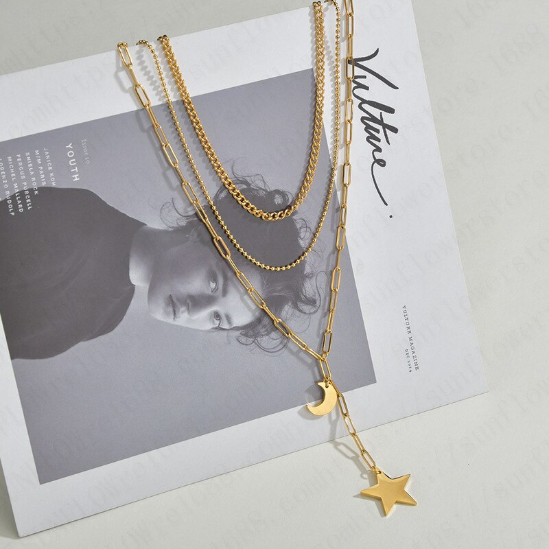 Stylish Women's Stainless Steel Moon & Star Sweater Chain Necklace