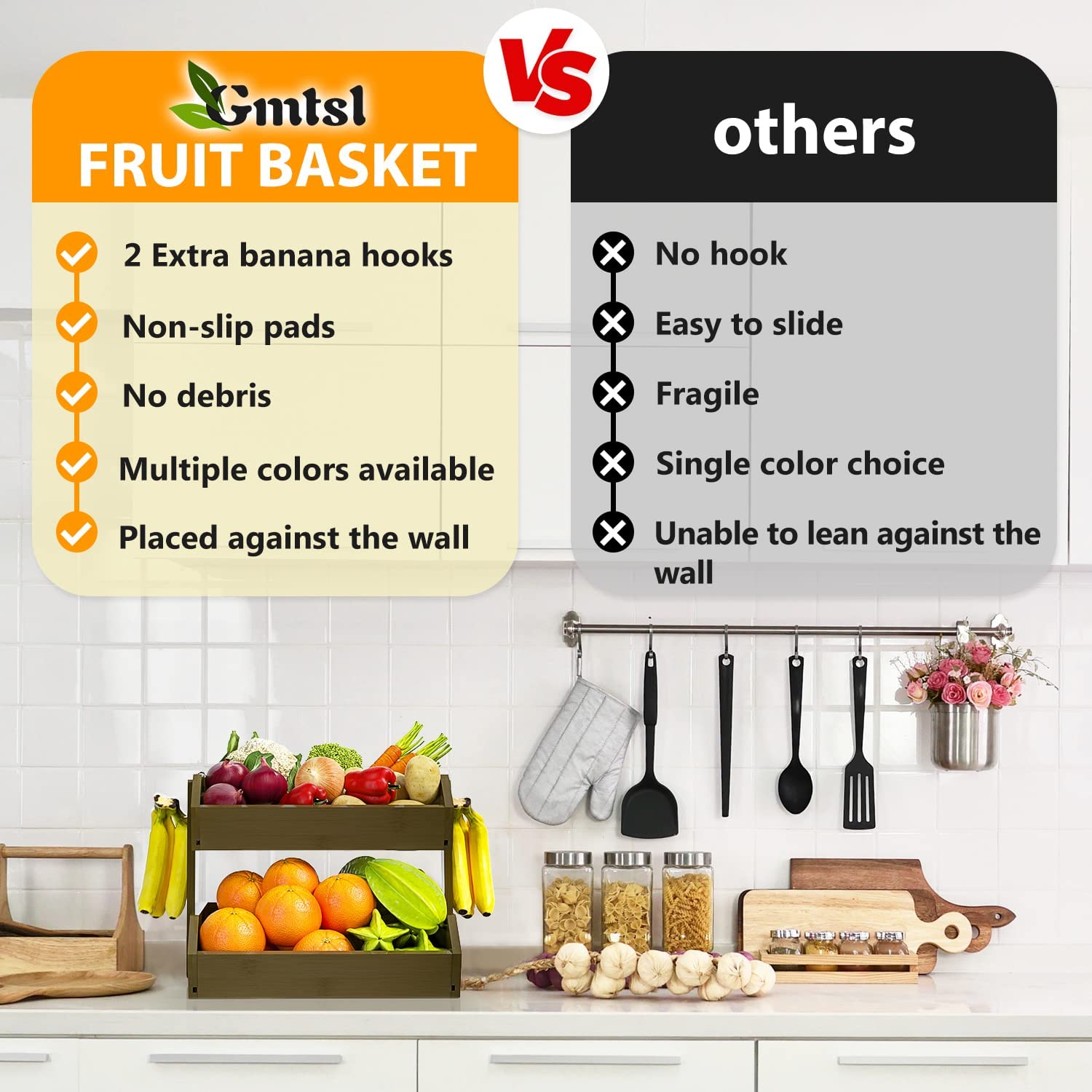 Elegant 2-Tier Bamboo Fruit Basket with Banana Hangers