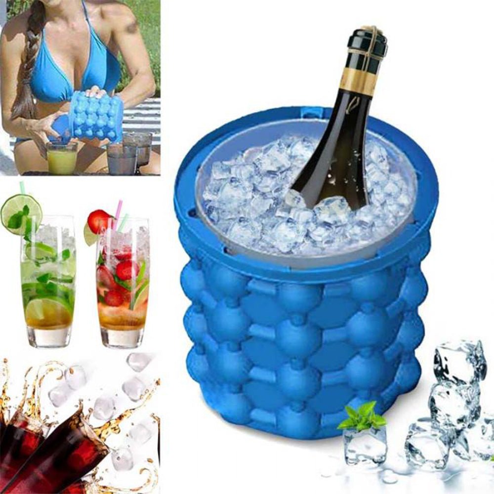 Blue Silicone Ice Cube Storage Bucket with Quick Cold Feature