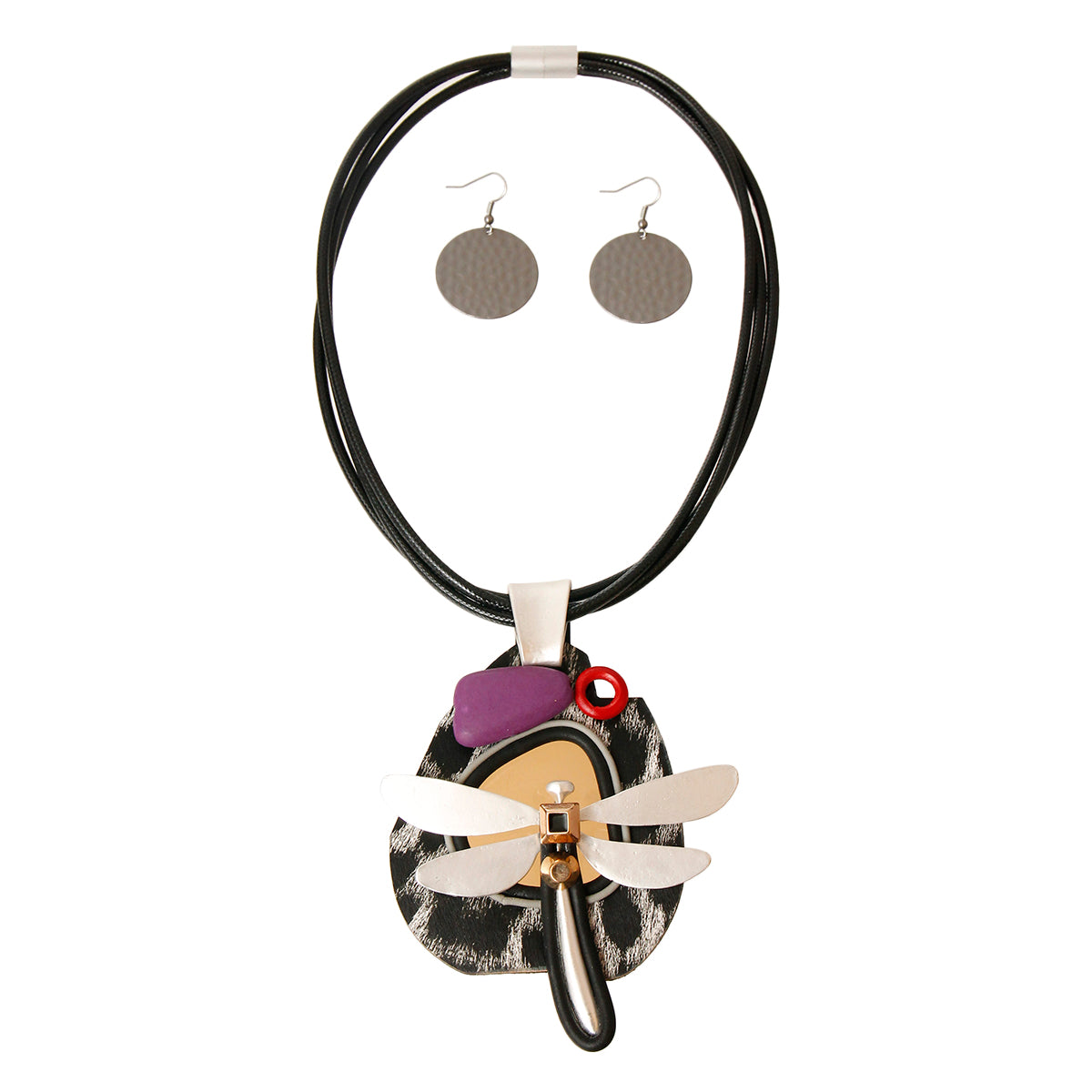 Stylish Snake Print Dragonfly Pendant Necklace Set