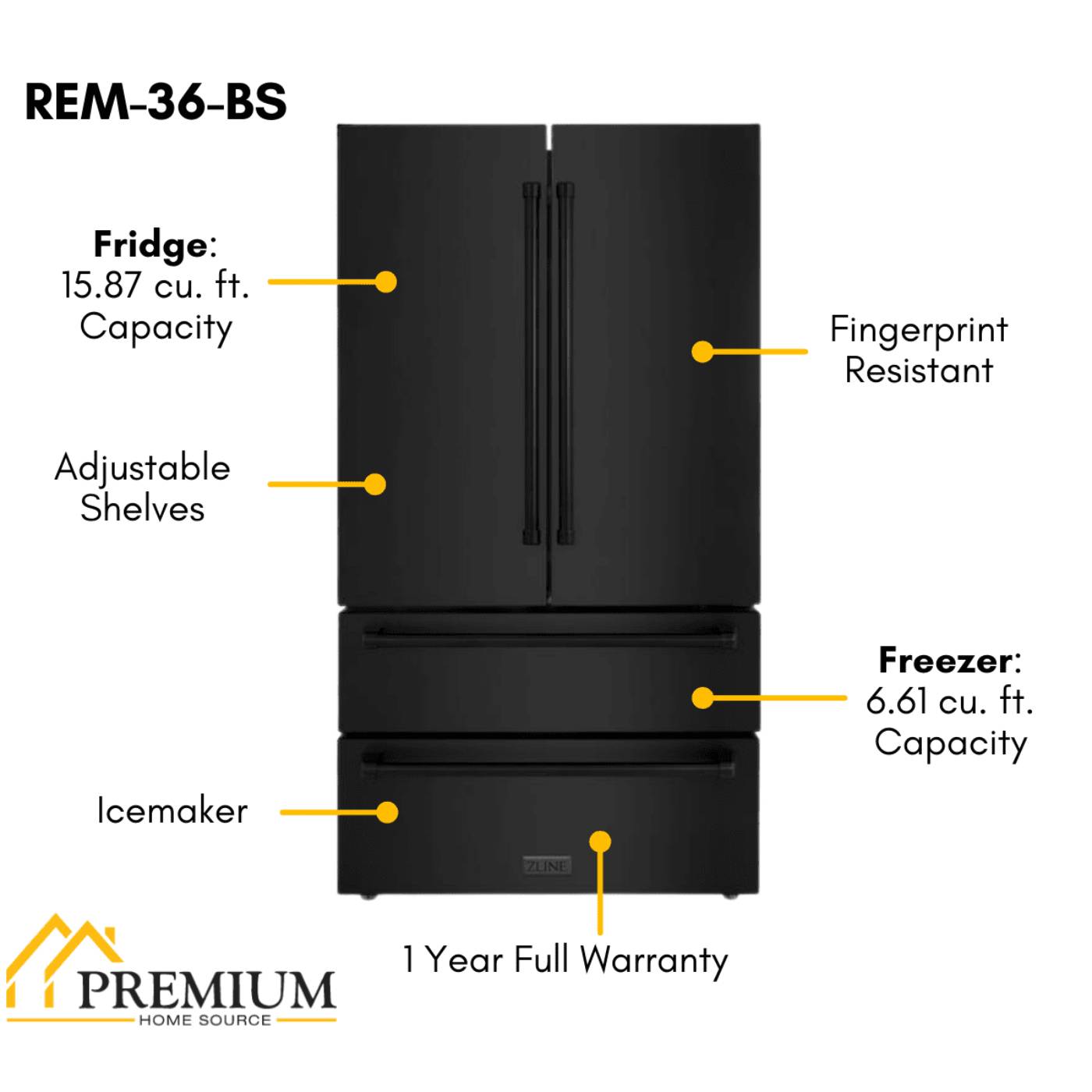 ZLINE 36" French Door Refrigerator with Ice Maker, 22.5 cu. ft., Black Stainless Steel