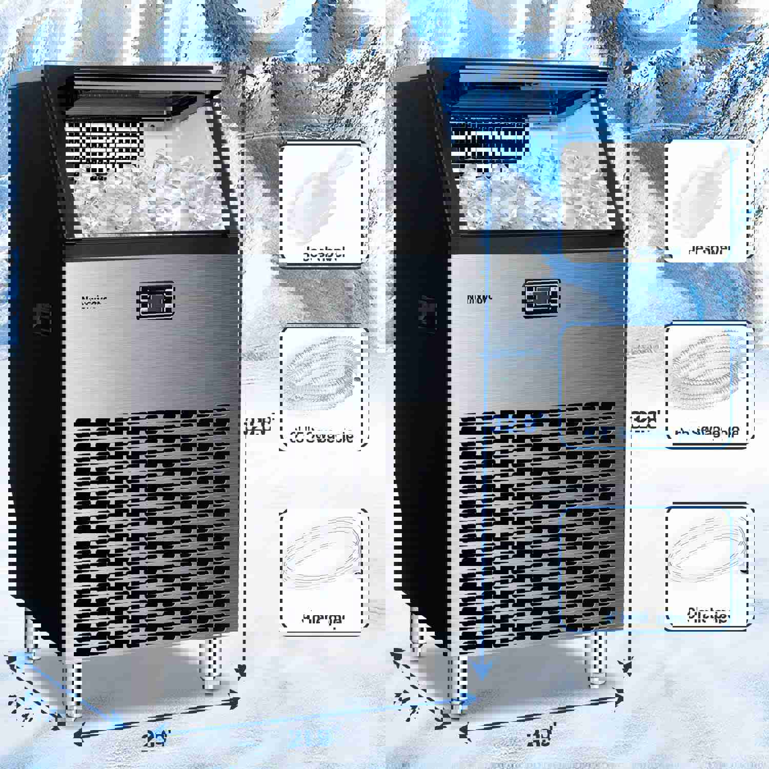 Auseo High-Efficiency Nugget Ice Maker, 200lbs/Day, Auto-Clean, Smart LCD Panel