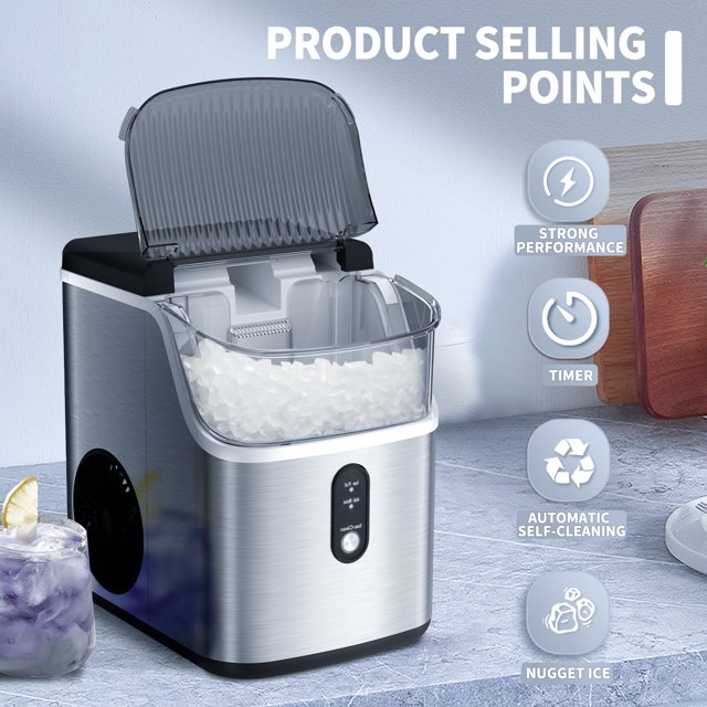 Auseo Nugget Ice Maker - Portable, Self-Cleaning, 33lbs/24H for Home & Office