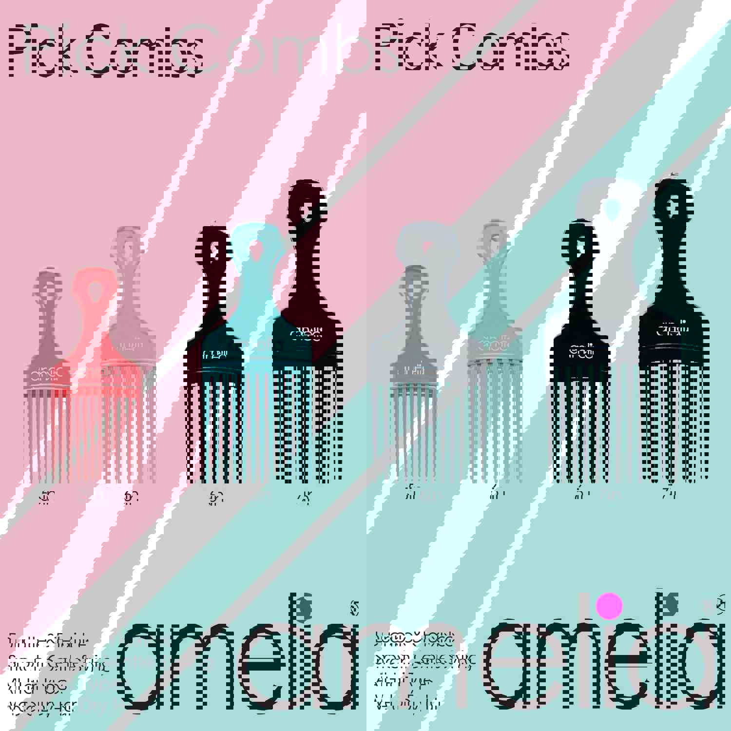 Amelia Beauty 7" Black Wide Tooth Pick Comb, 2-Pack, USA Made, Professional Hair Styling Tool