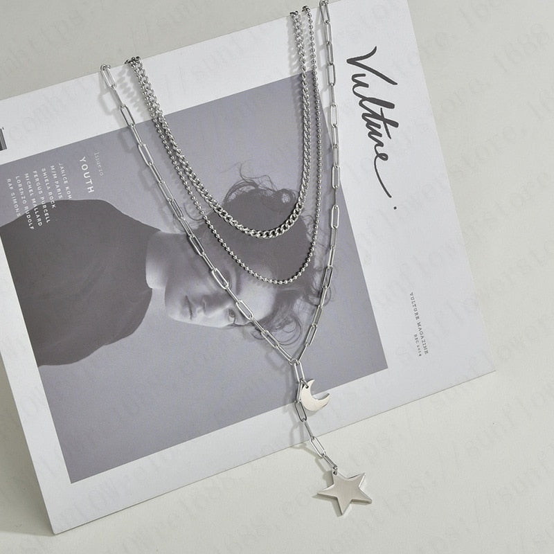 Stylish Women's Stainless Steel Moon & Star Sweater Chain Necklace