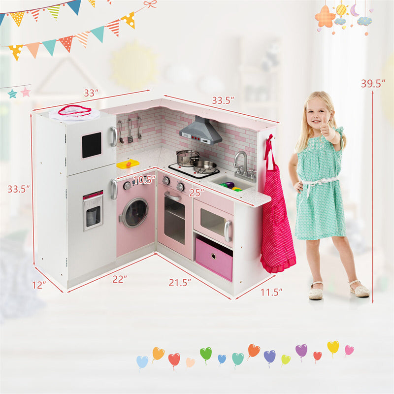 Wooden Corner Kitchen Playset for Kids with Chef Hat, Apron, and Pretend Play Accessories