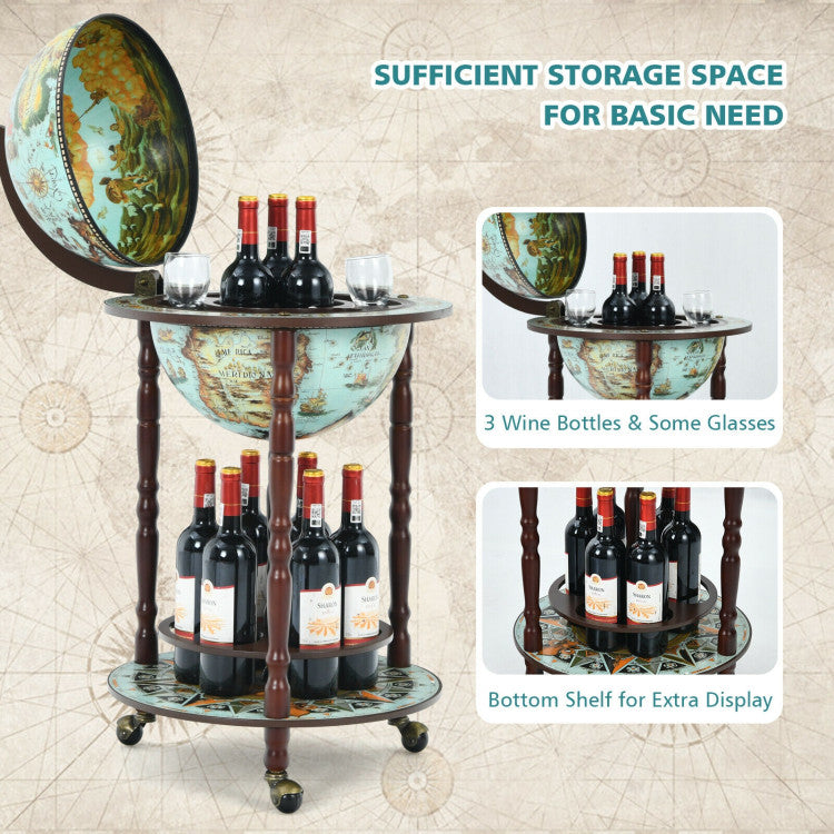Vintage Globe Wine Bar Cabinet with 16th Century Italian Map and Liquor Bottle Shelf