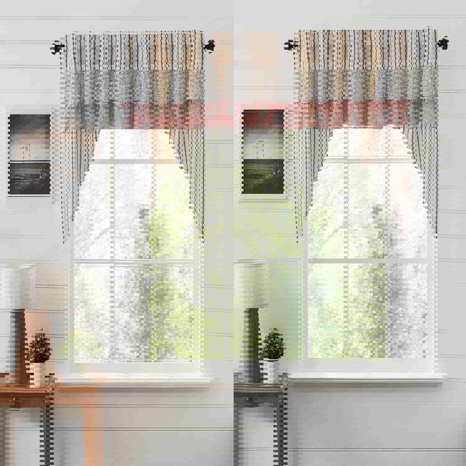 Elegant Farmhouse Style Kaila Ticking Gold Ruffled Swag Curtains