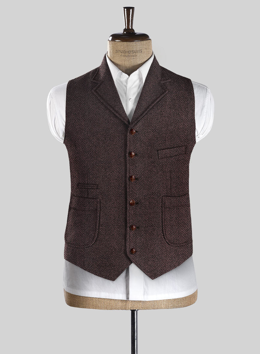 Elegant Italian Dark Wine Herringbone Tweed Hunting Vest