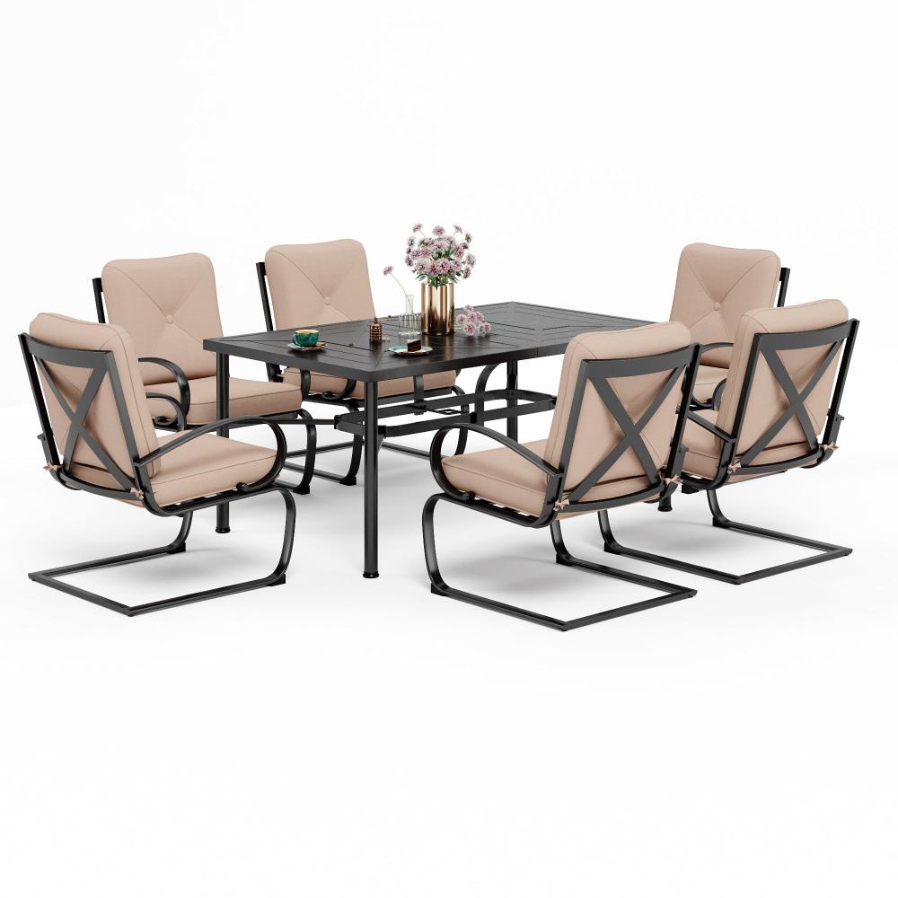 PHI VILLA 7-Piece Outdoor Dining Set with Durable Steel Table and Comfortable C-Spring Chairs