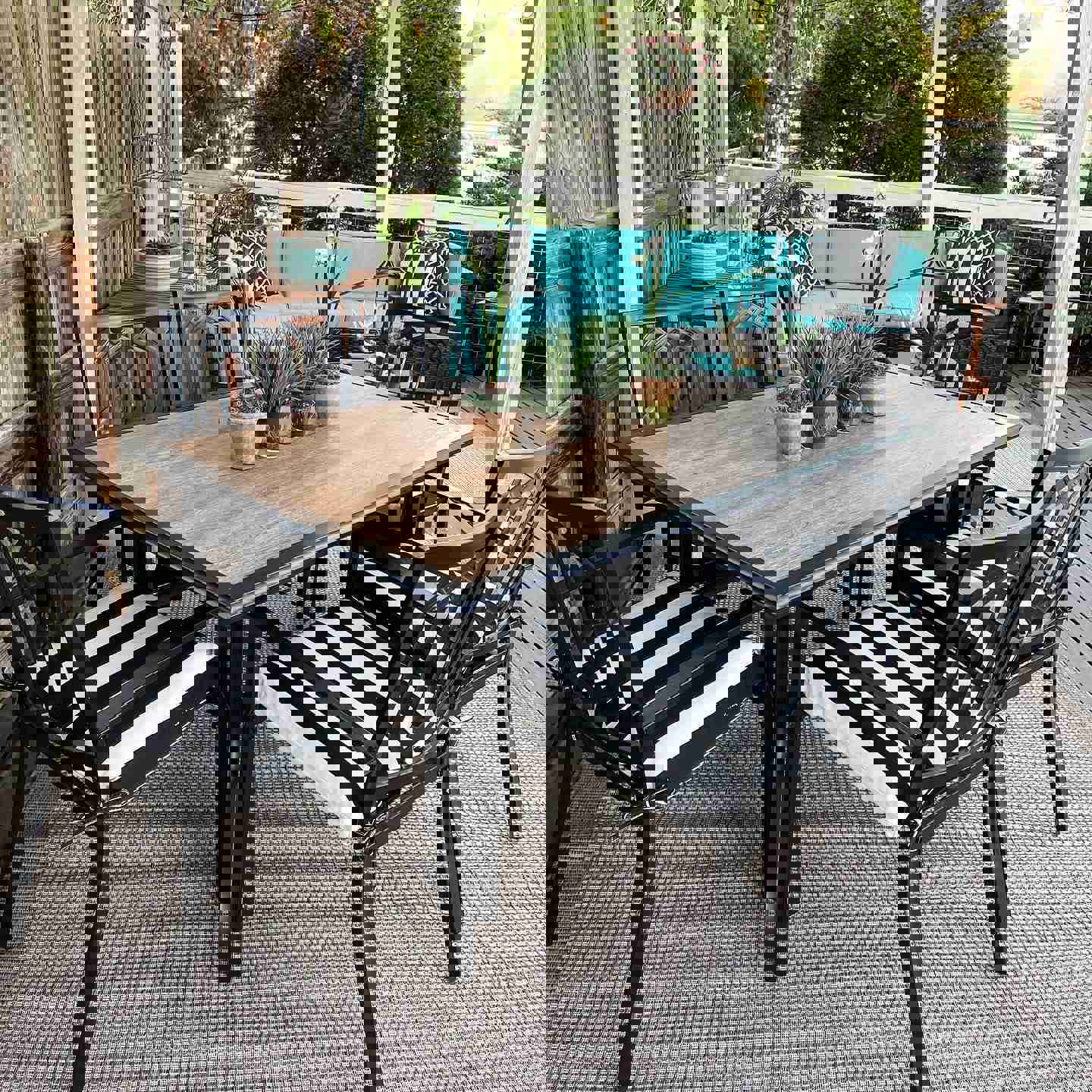 PHI VILLA 7-Piece Rust-Resistant Outdoor Patio Dining Set with Metal Steel Chairs and Wood-Look Table