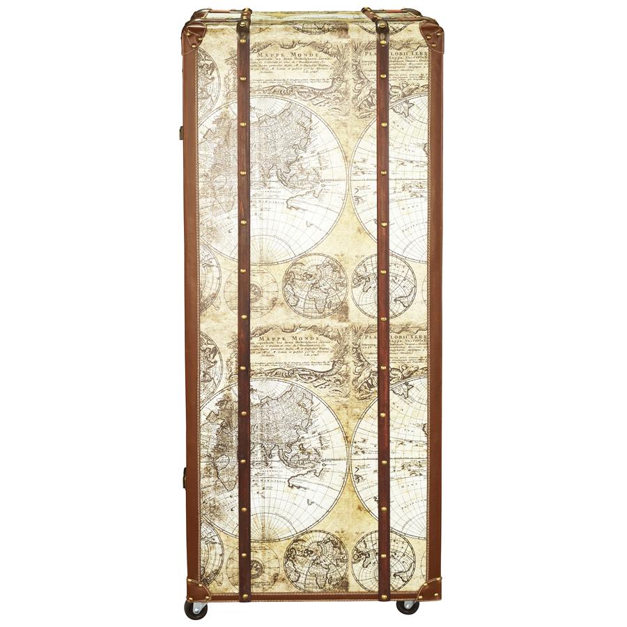 Vintage World Map Steamer Trunk Bar Cabinet
