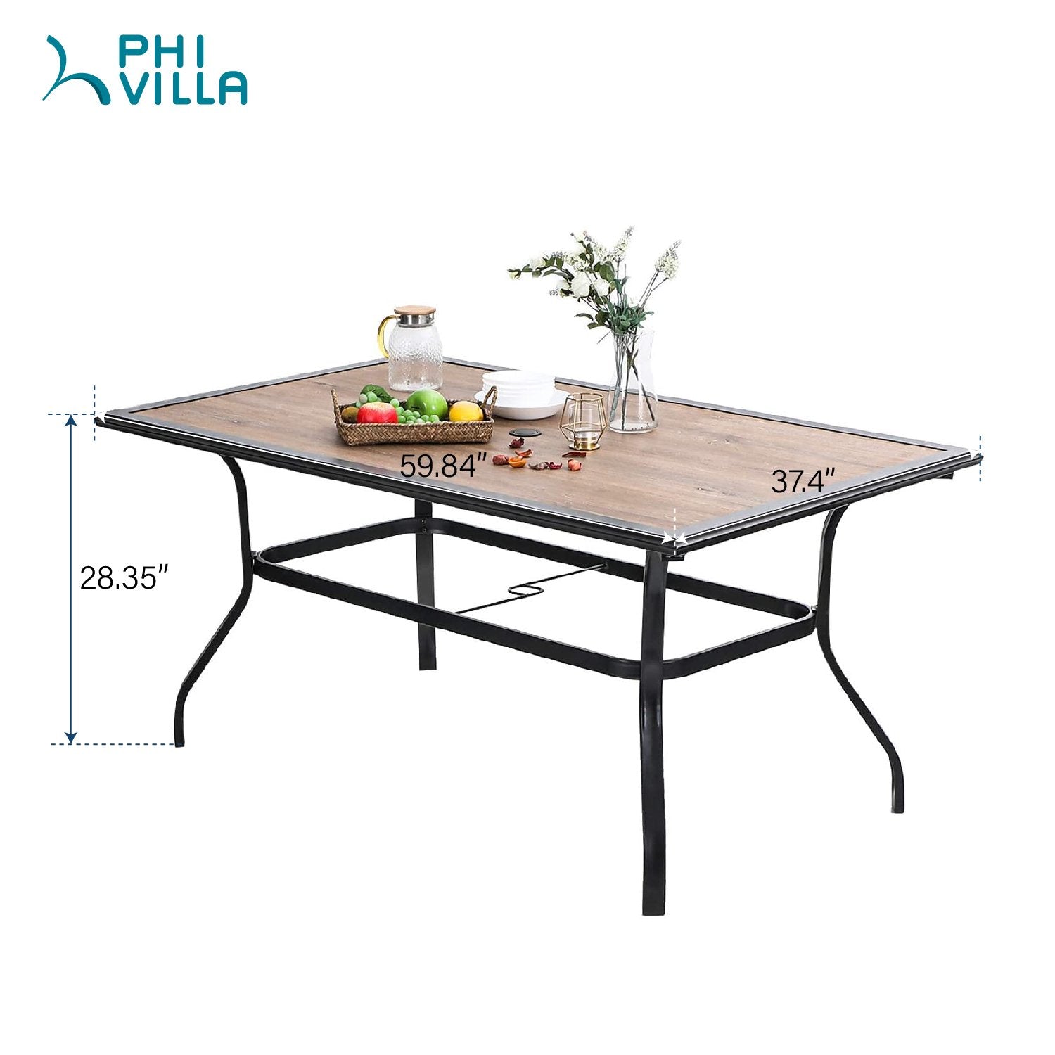 PHI VILLA 7-Piece Rust-Resistant Outdoor Patio Dining Set with Metal Steel Chairs and Wood-Look Table