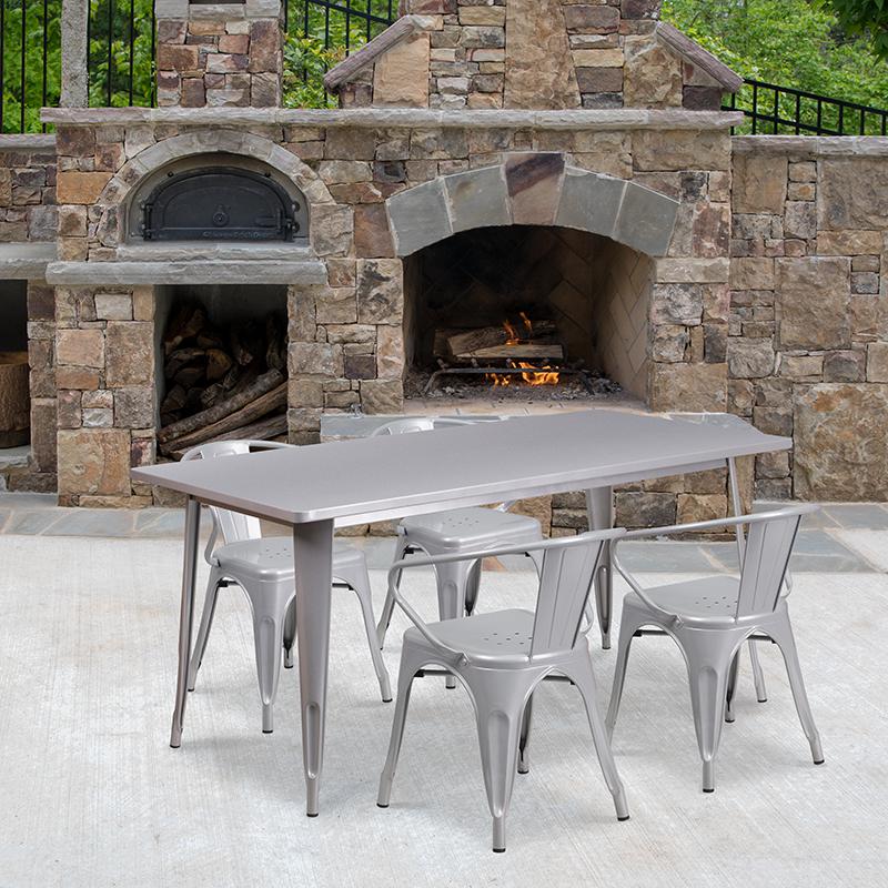 Stylish Silver Metal Outdoor Dining Set with 4 Chairs