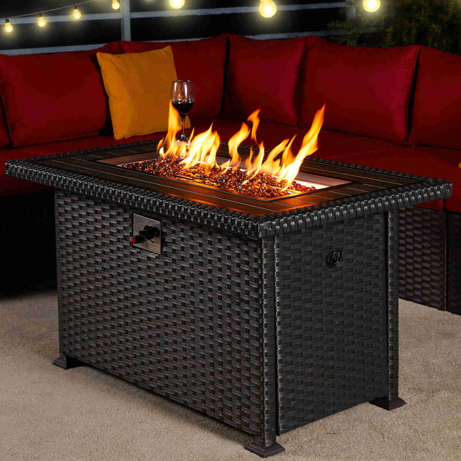 44" Outdoor Propane Gas Fire Pit Table with 50000 BTU Auto-Ignition, Glass Stones, Black
