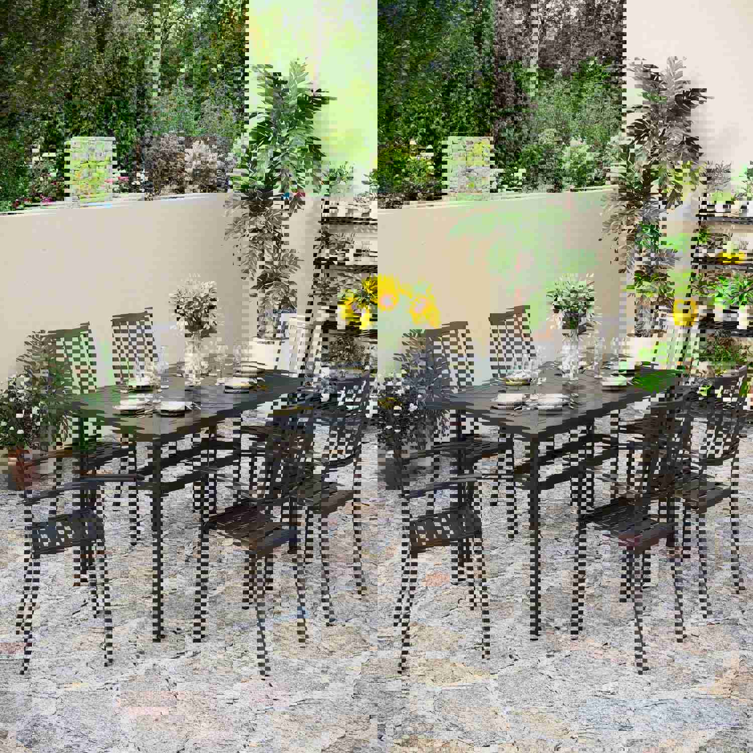PHI VILLA 7-Piece Outdoor Patio Dining Set with Stackable Chairs and Rectangle Table