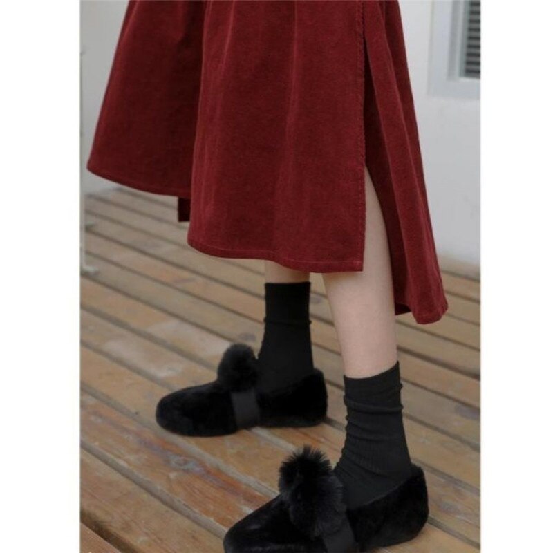 Elegant Corduroy A-Line Skirt for Women in Vintage Wine Red