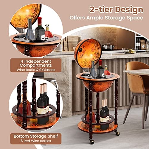 Goplus 17.5" Retro Brown Globe Bar Cart