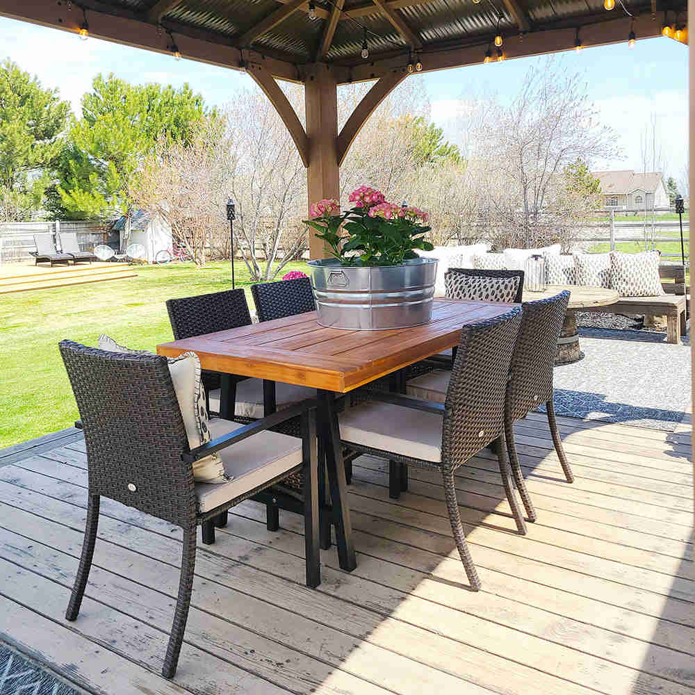 PHI VILLA 7-Piece Outdoor Dining Set with 6 Rattan Chairs & Acacia Wooden Table