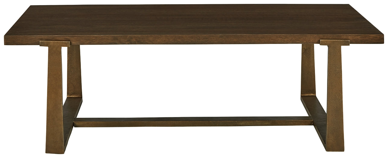Modern Oak Veneer Cocktail Table with Antiqued Goldtone Base