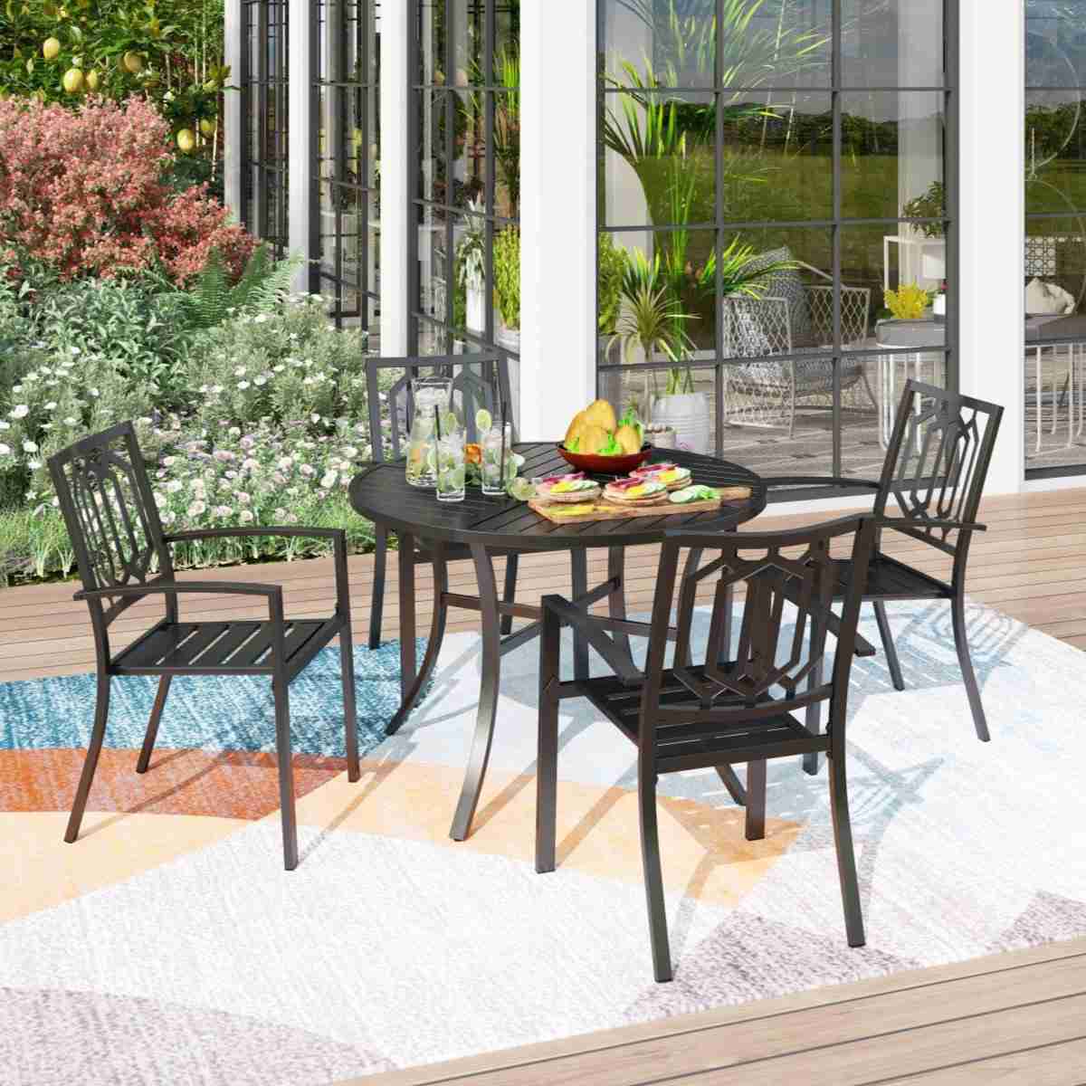 PHI VILLA 5-Piece Outdoor Dining Set with Patterned Stackable Chairs and Rust-Resistant Metal Table