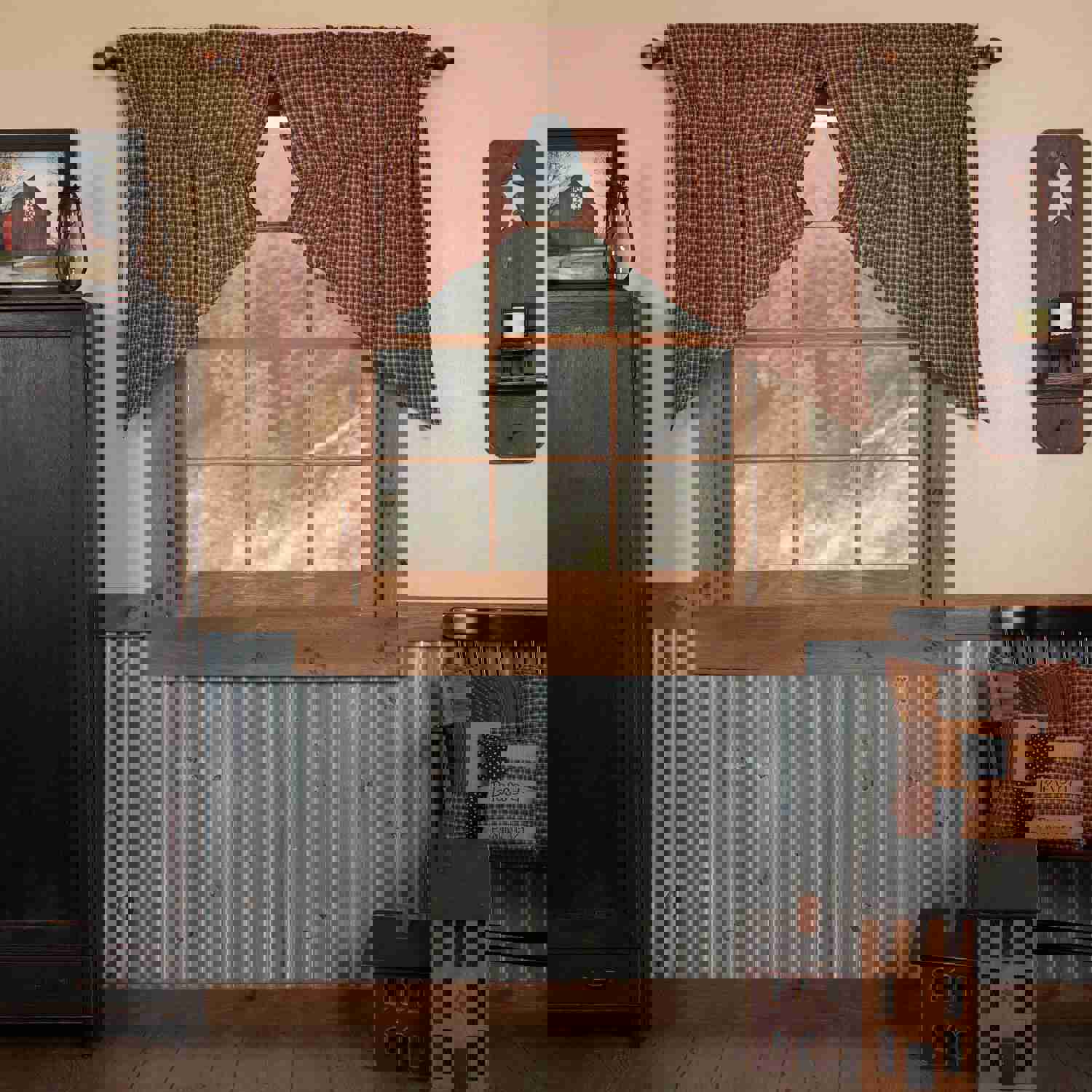 Patriotic Patch Prairie Swag Set, 36x36x18, Red Tan Window Curtains