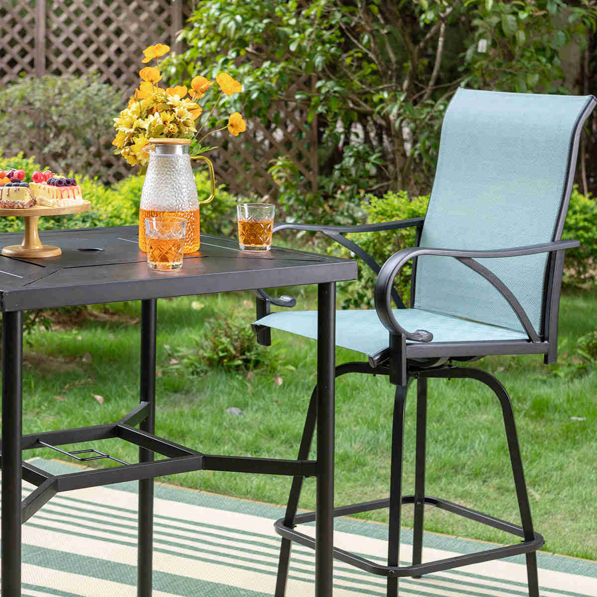 PHI VILLA Outdoor Bar Stool Set with Steel Table & Swivel Textilene Stools