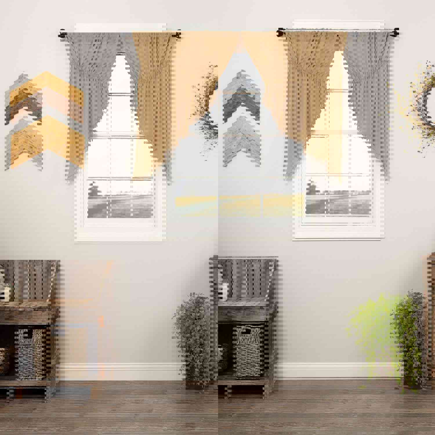 Khaki Cotton Gauze Prairie Swag Curtains with Fringes