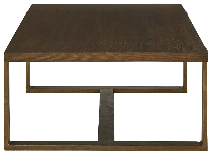 Modern Oak Veneer Cocktail Table with Antiqued Goldtone Base