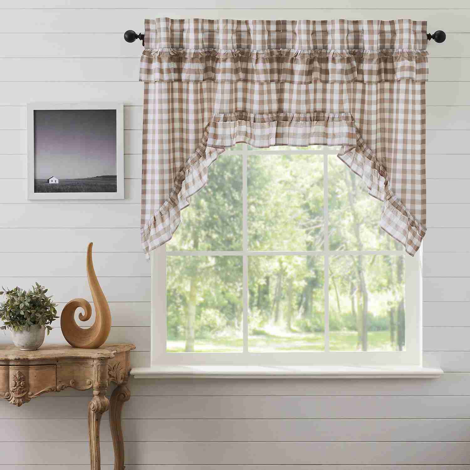 Elegant Ruffled Buffalo Check Swag Curtains Set of 2, 36x36x16