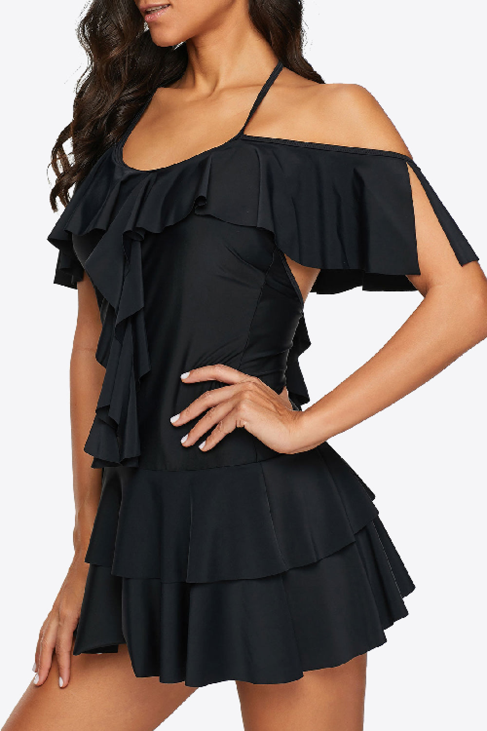Stylish Ruffled Cold-Shoulder Swimsuit in Black