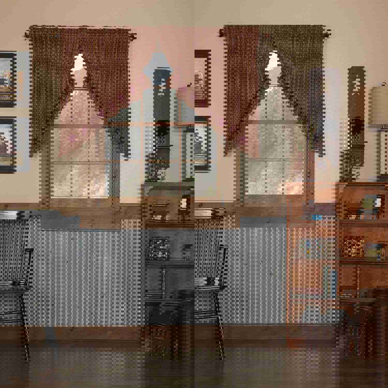 Elegant Burgundy Star Scalloped Prairie Swag Curtains