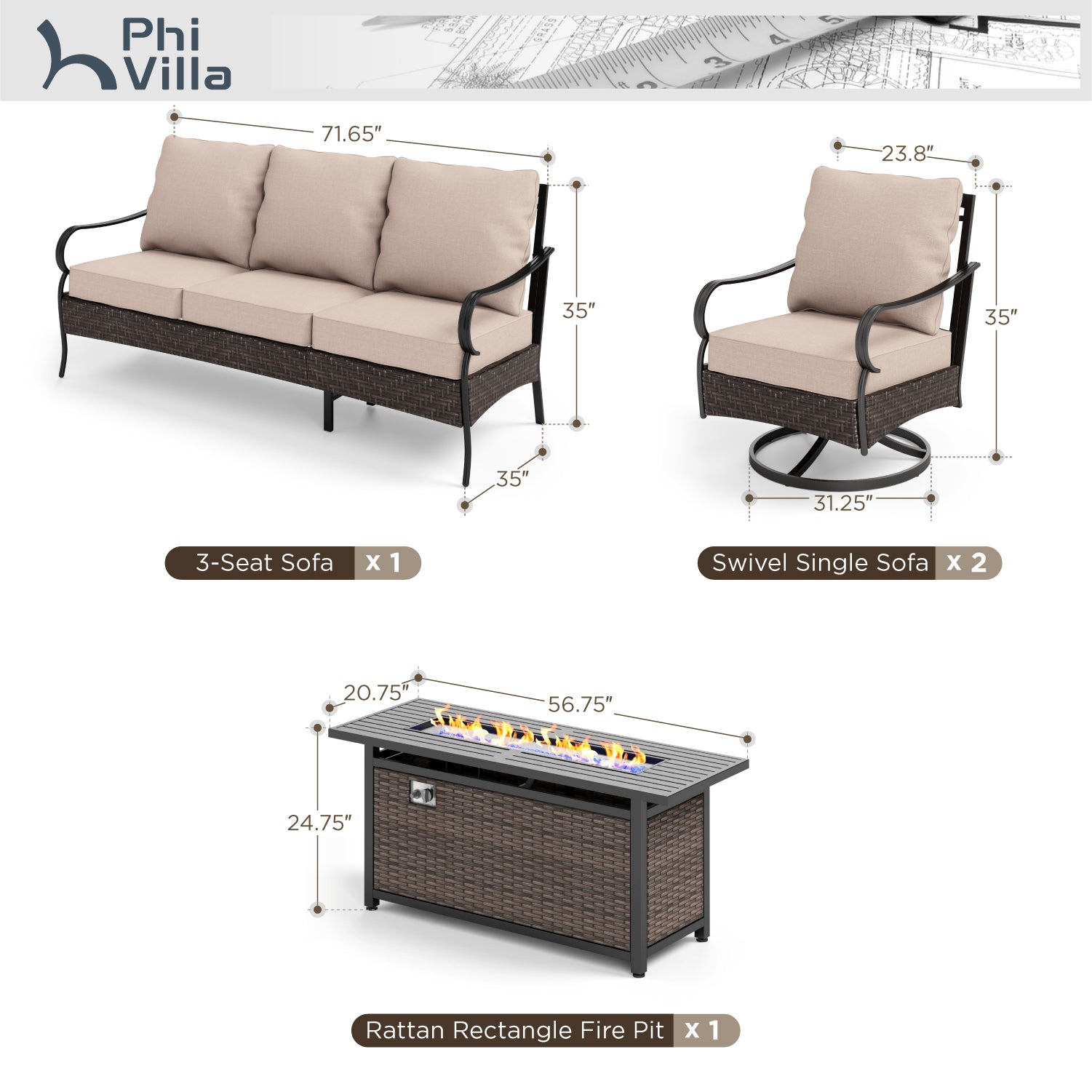 Phi Villa 5-Seater Outdoor Steel & Rattan Sofa Set with Fire Pit